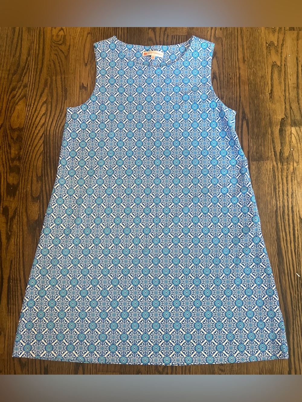 Jude Connally Blue and White Geometric Sleeveless Shift Dress